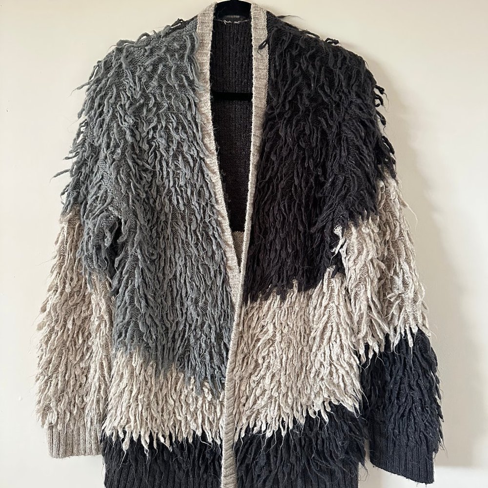 Chelsea28 Loop Shag Open Front Gray Color Block Oversized Cardigan Size Small